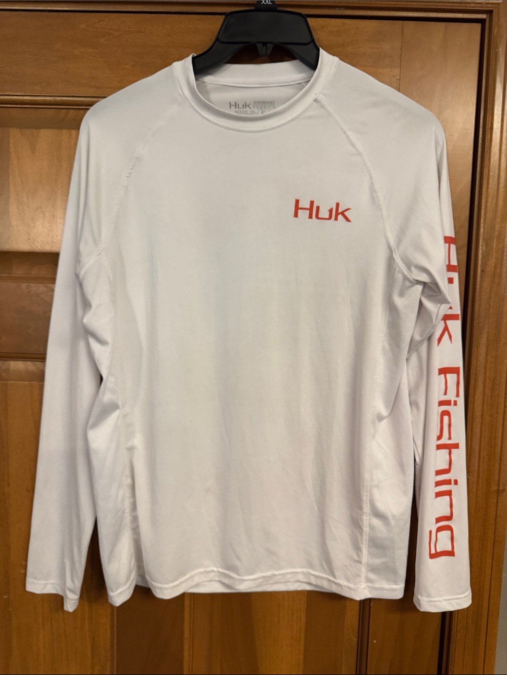 Huk White Long Sleeve Performance Shirt with Red Accents